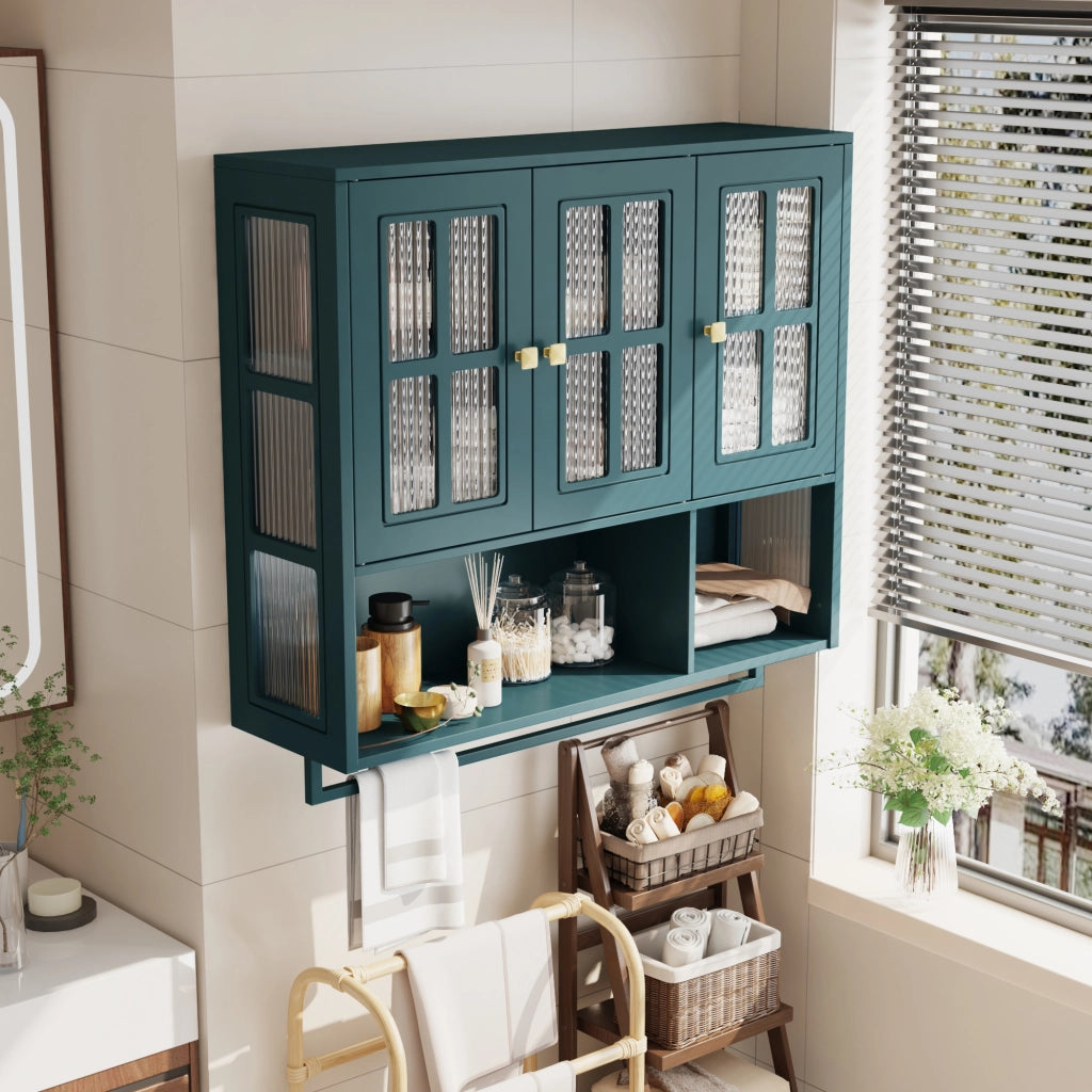 OKWISH Pensile da Bagno con 3 Ante, 1 Vano Aperto e Portasciugamani, MDF e Vetro, Verde Scuro, 88×26×82,5 cm