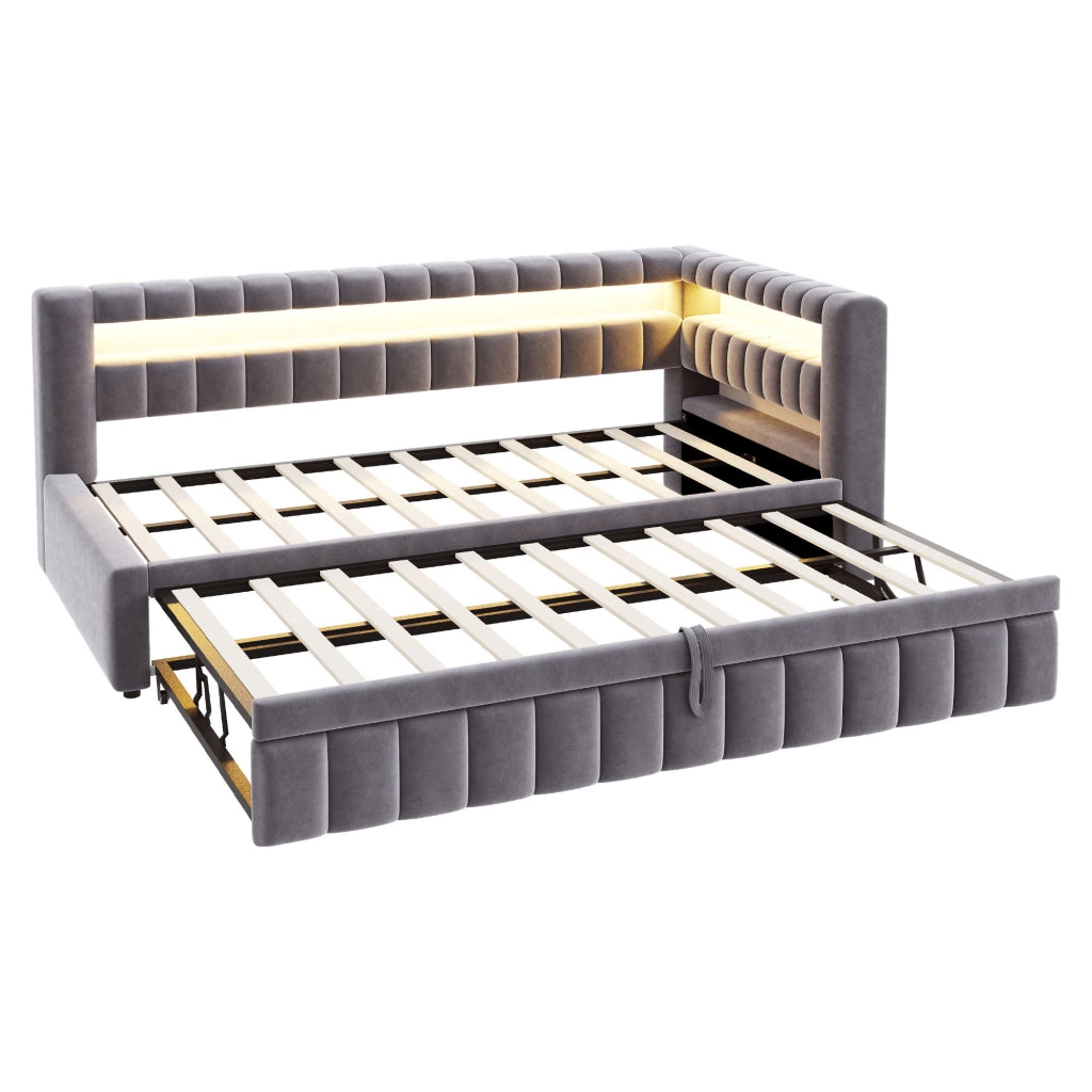 LETTO imbottito estraibile 90x200 cm velluto grigio con LED