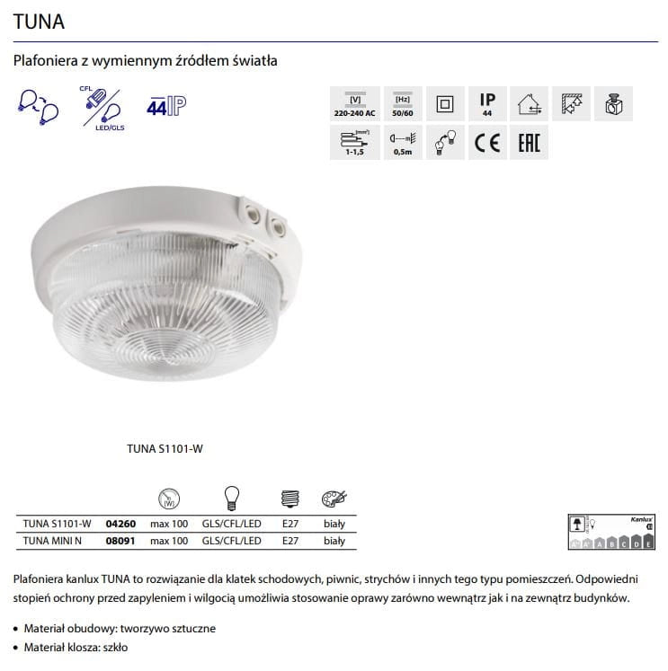 Kanlux TUNA plafoniera industriale E27 IP44 Ø22,5cm