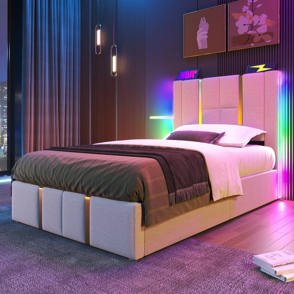 LETTO Imbottito 90x200 cm Beige con USB-C, LED RGB e contenitore
