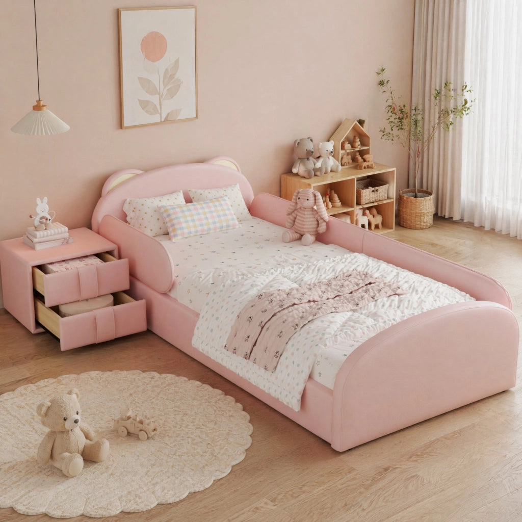 LETTO imbottito a forma di orso 90x200 cm rosa con comodino