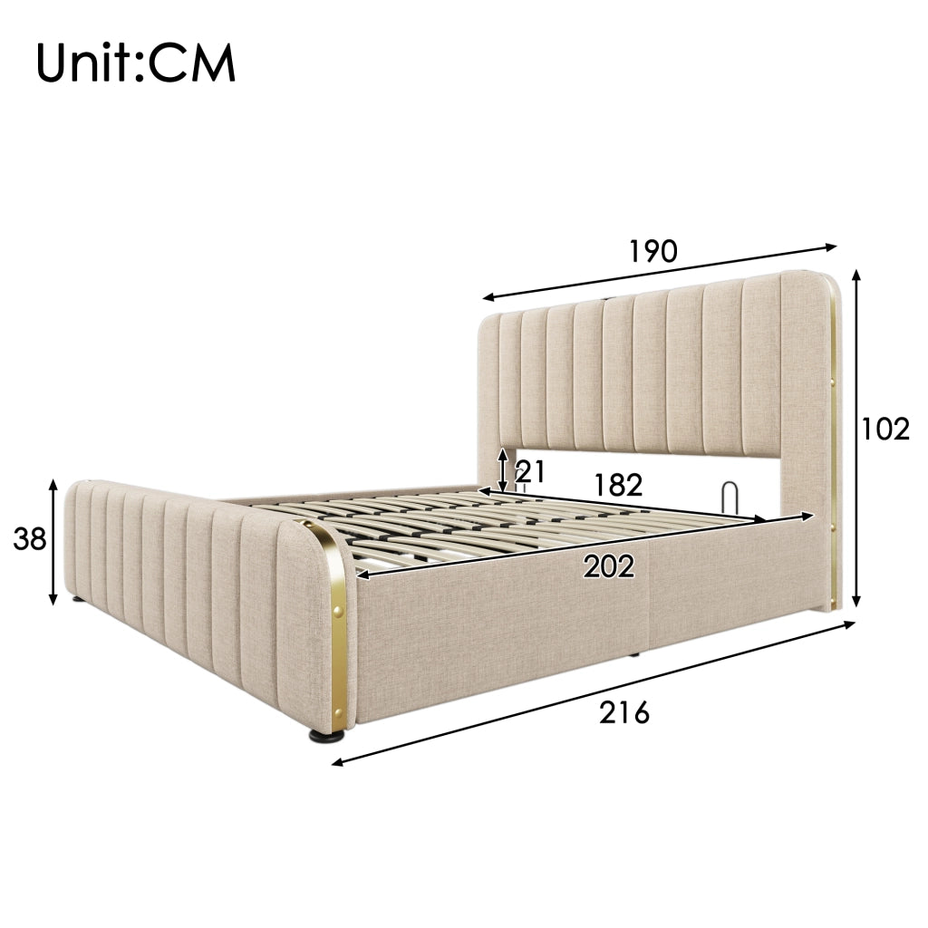 LETTO Contenitore 180x200 cm Beige in lino con USB Type-C