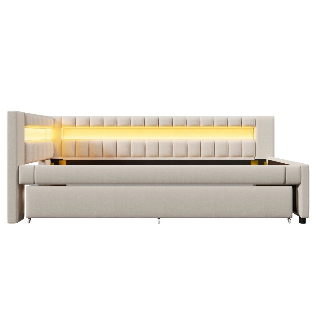 Letto con letto estraibile 90 × 200 cm con LED e porte USB Type-C in lino beige con struttura in MDF