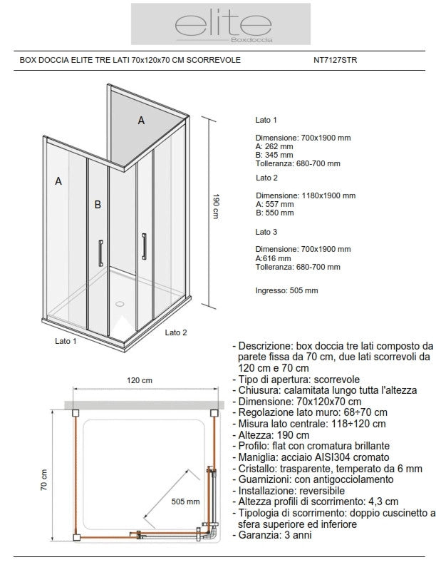 Box Doccia Elite Tre Lati 70x120x70 Cm Scorrevole Trasparente