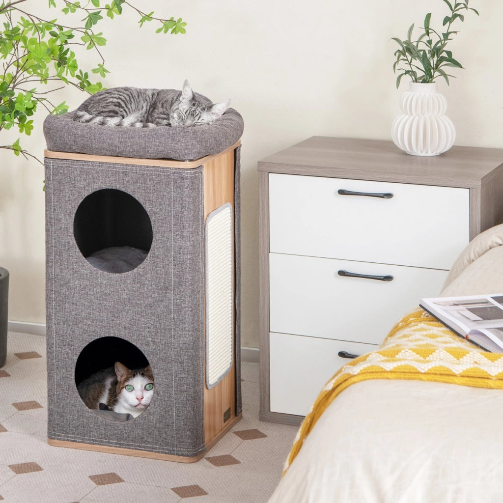 Casetta per gatti a 3 piani con tiragraffi 2 scomparti coperti cuccia 3 materassini, Casa gatti moderna Grigio