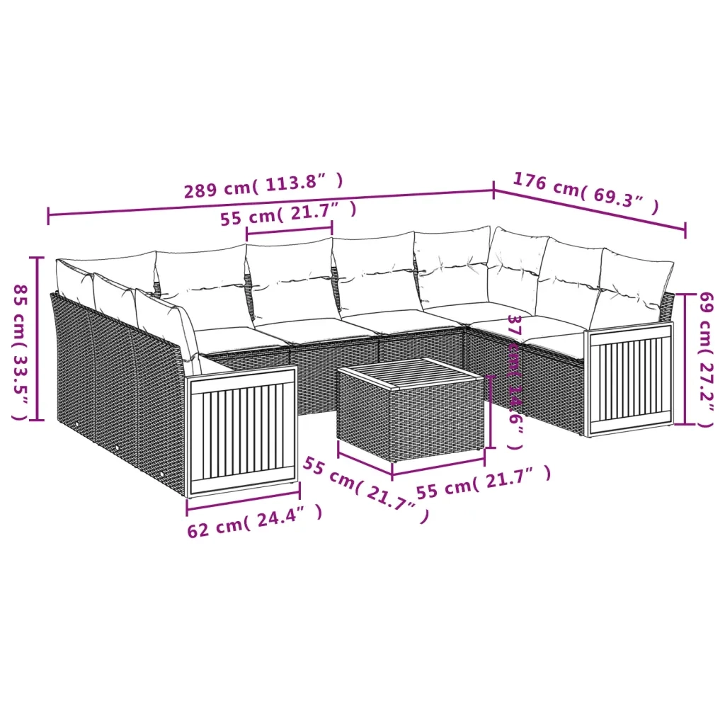 Set Divani da Giardino 10pz con Cuscini in Polyrattan Nero 3227959