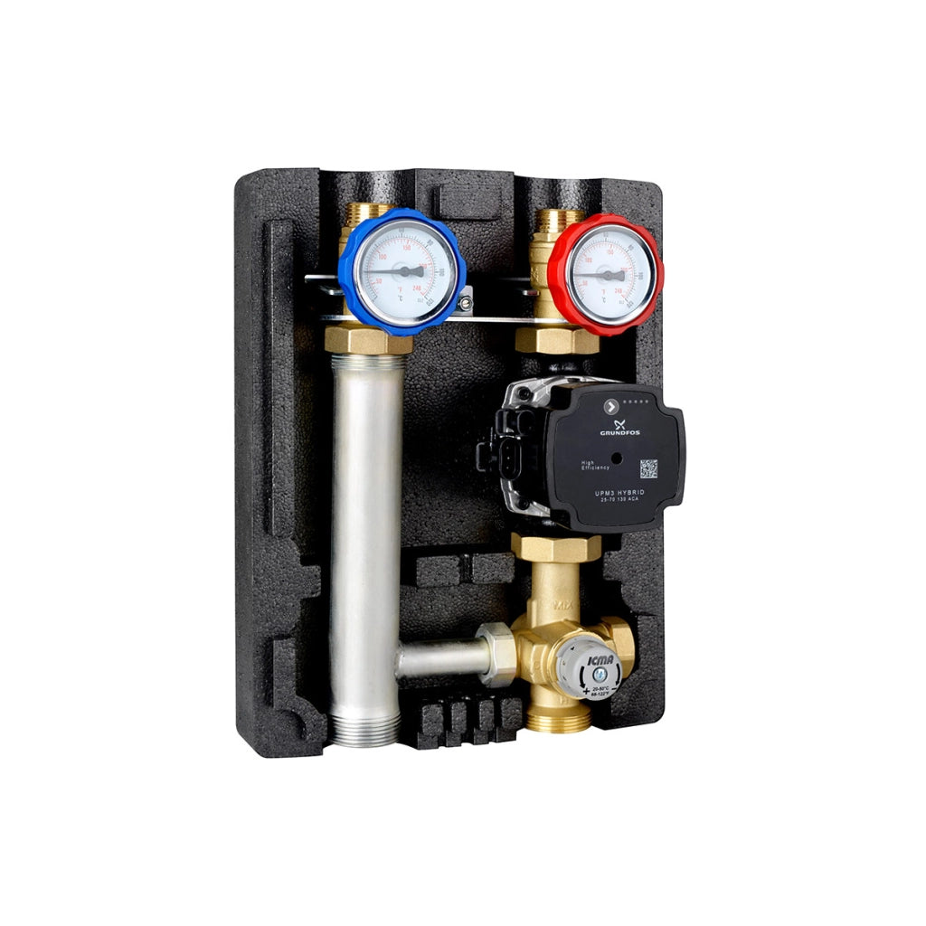 GRUPPO RILANCIO con Miscelazione a PUNTO FISSO DX con Pompa GRUNDFOS UPS 25/65 (20°-50° C) 1"1/2M-3/4F