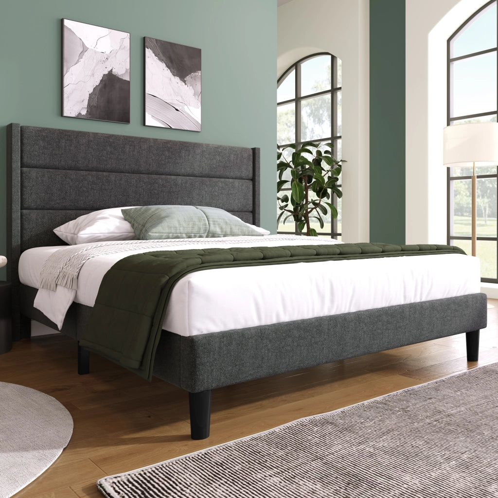 Letto matrimoniale imbottito 140x200 cm con testiera imbottita e rete a doghe; rivestimento in lino; grigio scuro