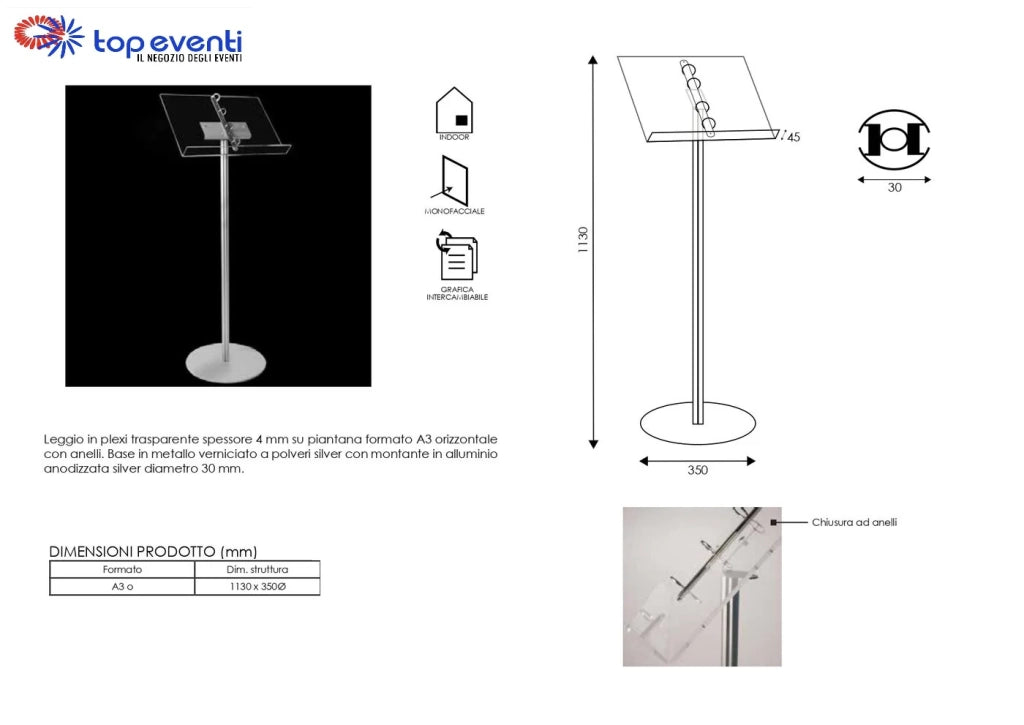 Espositore in plexiglass leggio con anelli