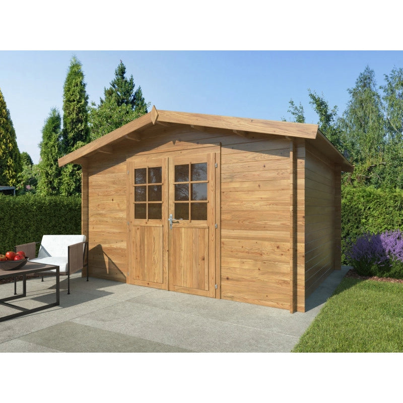 Casetta in legno da giardino 358x296 cm impregnato autoclave 28 mm, porta doppia con vetro e serratura, deposito esterno - Esterni da Vivere