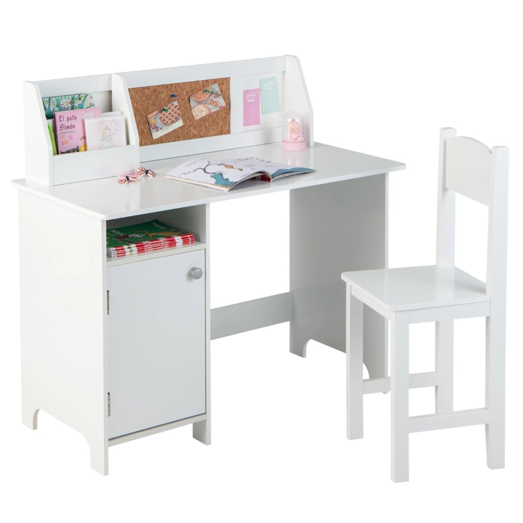 Set di scrivania e sedia per bambini in legno con scaffale armadietto bacheca, Postazione di scrittura Bianco