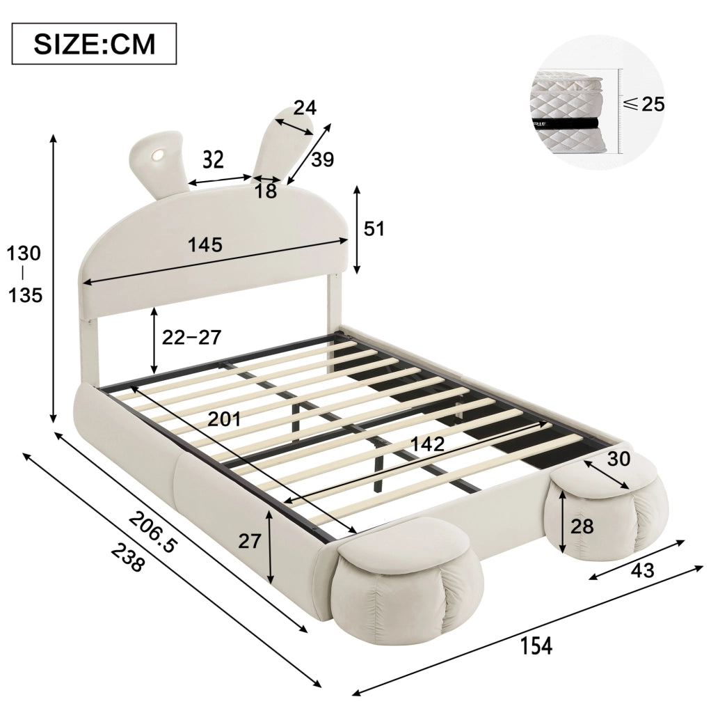 Letto imbottito beige con orecchie decorative, contenitore idraulico e 2 pouf