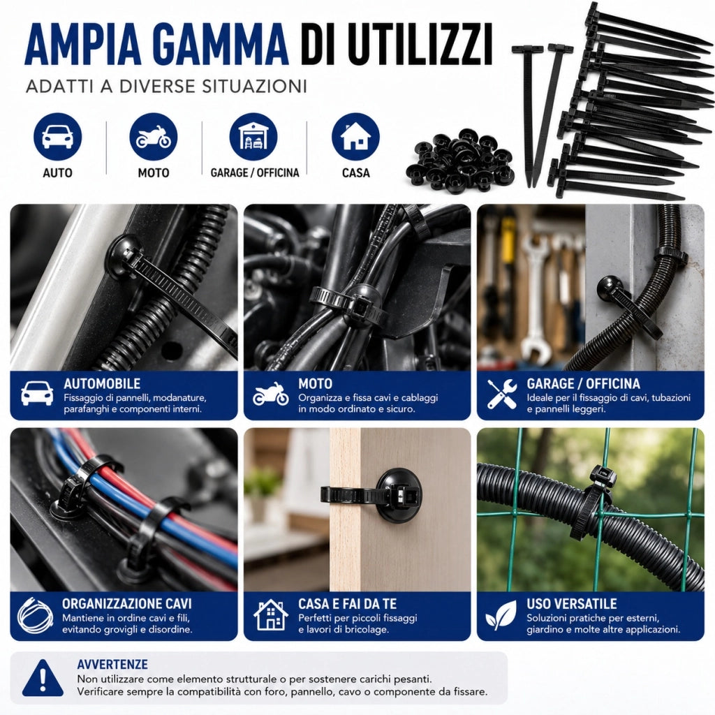 50 Fascette Nylon con 50 Fibbie a Rivetto per Auto Moto e Cablaggi