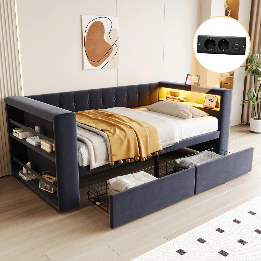 LETTO 90x190 cm con LED, prese e 2 cassetti, grigio scuro, flanella