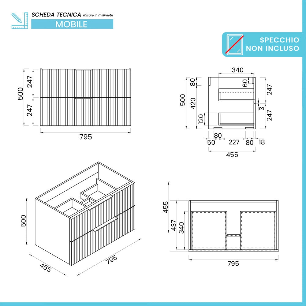 Mobile bagno sospeso 80 cm bicolore grigio cannettato e nero con lavabo  e specchio Zena
