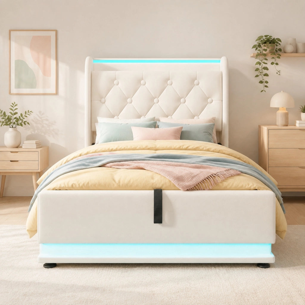 LETTO 90x200 cm con LED, USB Tipo-C, PU bianco, contenitore idraulico