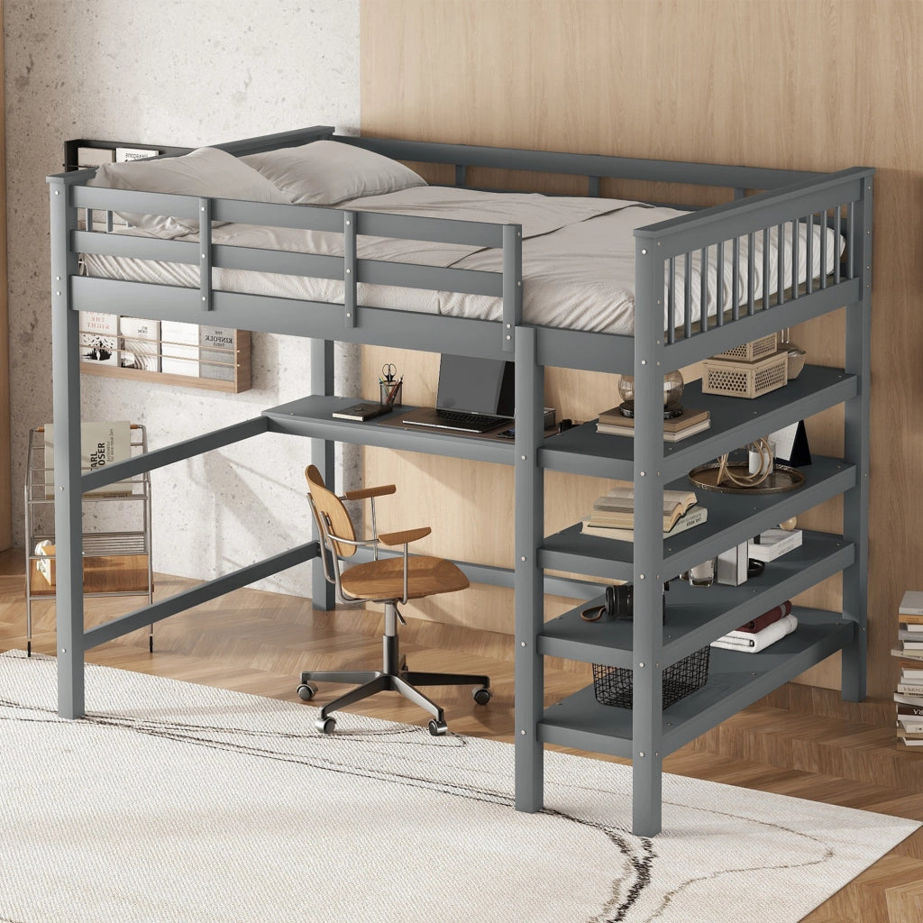 Letto a Soppalco con Scrivania e Ripiani ¨C MINIMAL ¨C Grigio 140x200