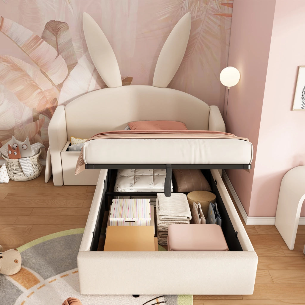 LETTO imbottito 90x200 cm in velluto beige con comodino laterale