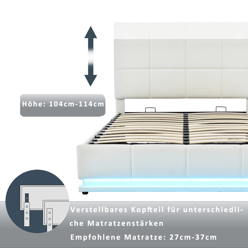 LETTO Imbottito 160x200 cm Bianco con LED e contenitore