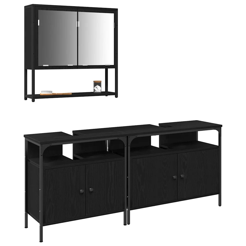Set di mobili per il Bagno | Armadio da bagno 3 pz Nero Legno multistrato