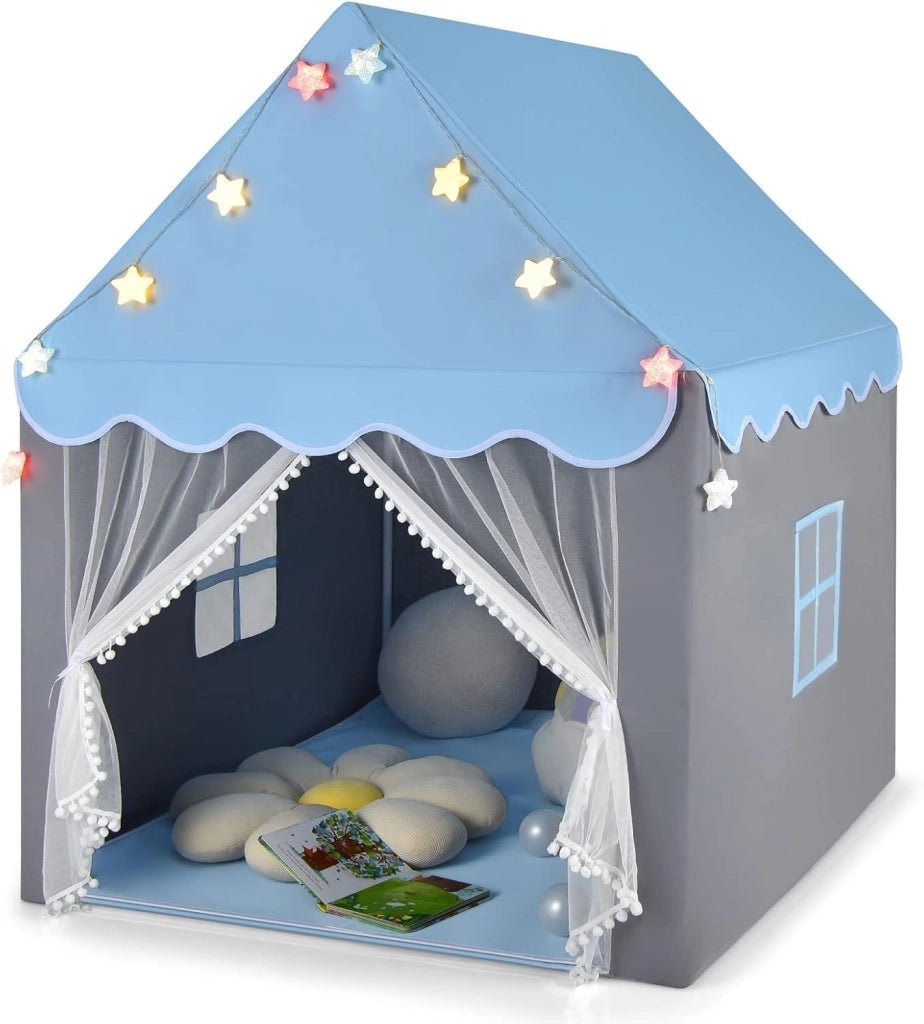 Tenda da Gioco per Bambini, Tenda Castello con Tappetino Lavabile, Luci a Forma di Stella, per Interno ed Esterno, 105 x 121 x 136 cm (Azzurro)