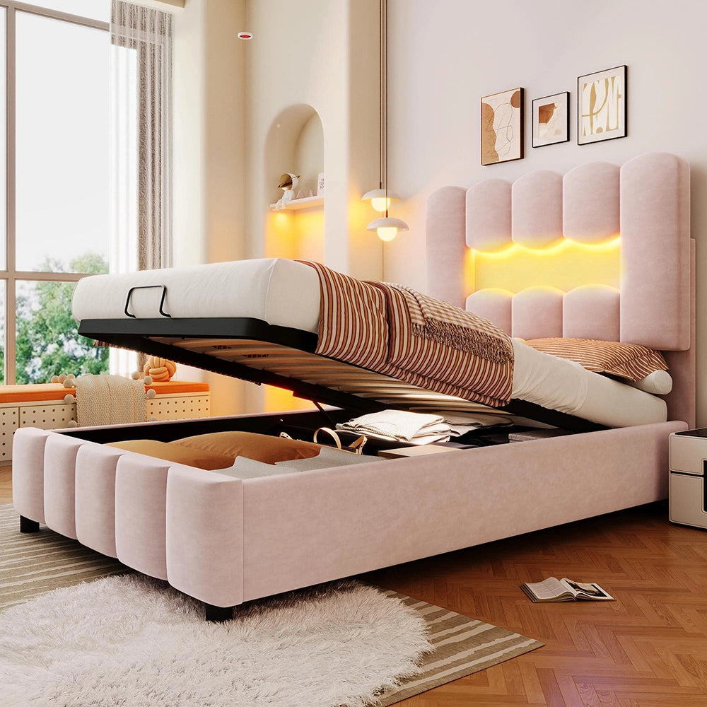 Letto 90x200cm?- Xylo - idraulico LED velluto rosa