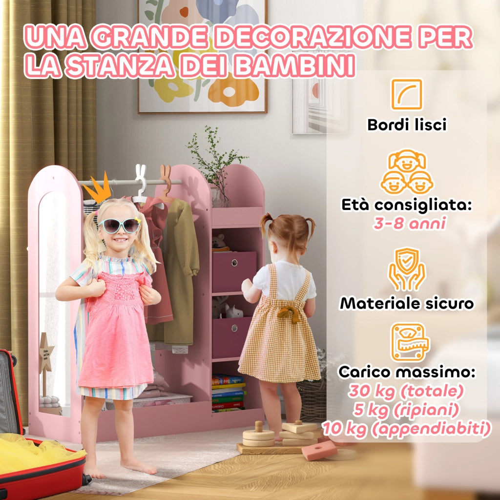 Armadio Bambini con Ante, Ripiani, Scatole e Specchio ¨C zephmum ¨C Legno, Rosa