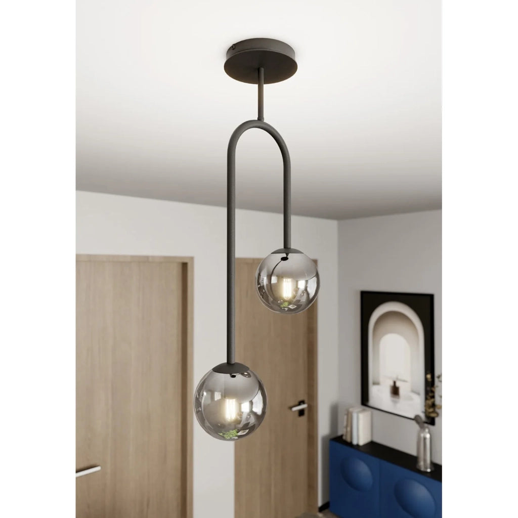 Lampada A Soffitto 2 Luci Kine In Acciaio Nero E Sfere In Vetro Fumè