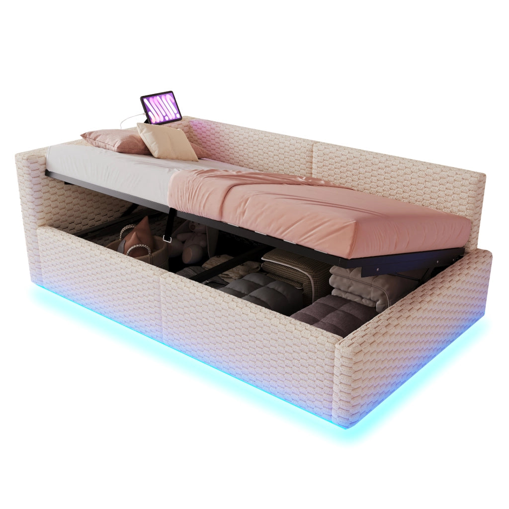Letto con testata illuminata a led in velluto beige 90x200 cm