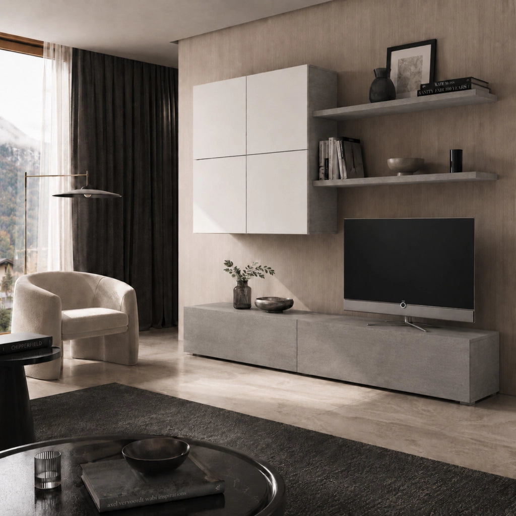 Parete Attrezzata Mobile Soggiorno Moderno Con Base TV 2 Ante Pensile 4 Ante e 2 Mensole Design Contemporaneo in Melaminico Facile da Pulire 200 x 194 x 40 cm Bianco e Grigio Cemento