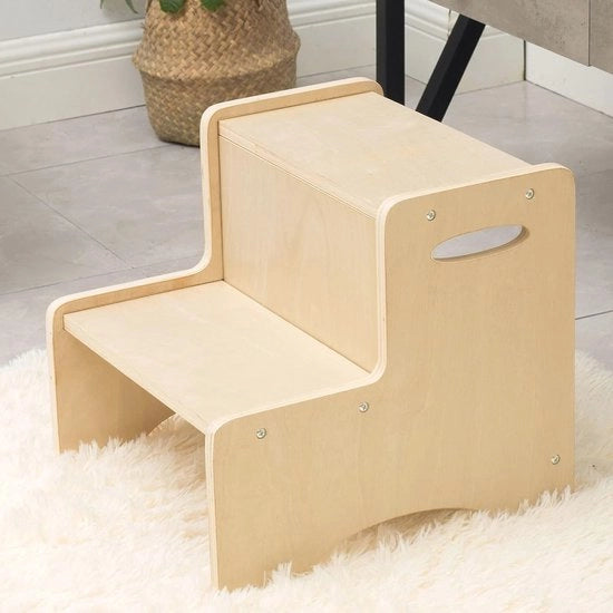 Scaffale di Salita in Legno Naturale a 2 Gradini, Maniglie e Pads Antiscivolo - Ideale per Bagno e Cucina