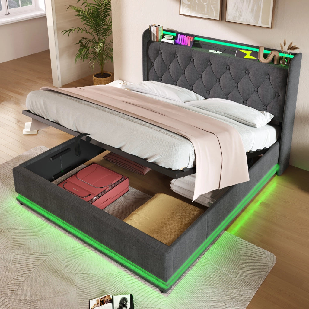 LETTO Contenitore 160x200 cm Grigio in lino con LED e USB Tipo-C