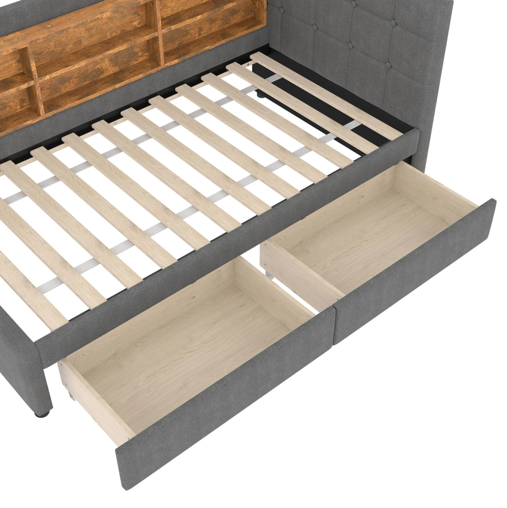 Letto singolo 90x200 cm con 2 cassetti, USB e USB-C, rete a doghe, grigio