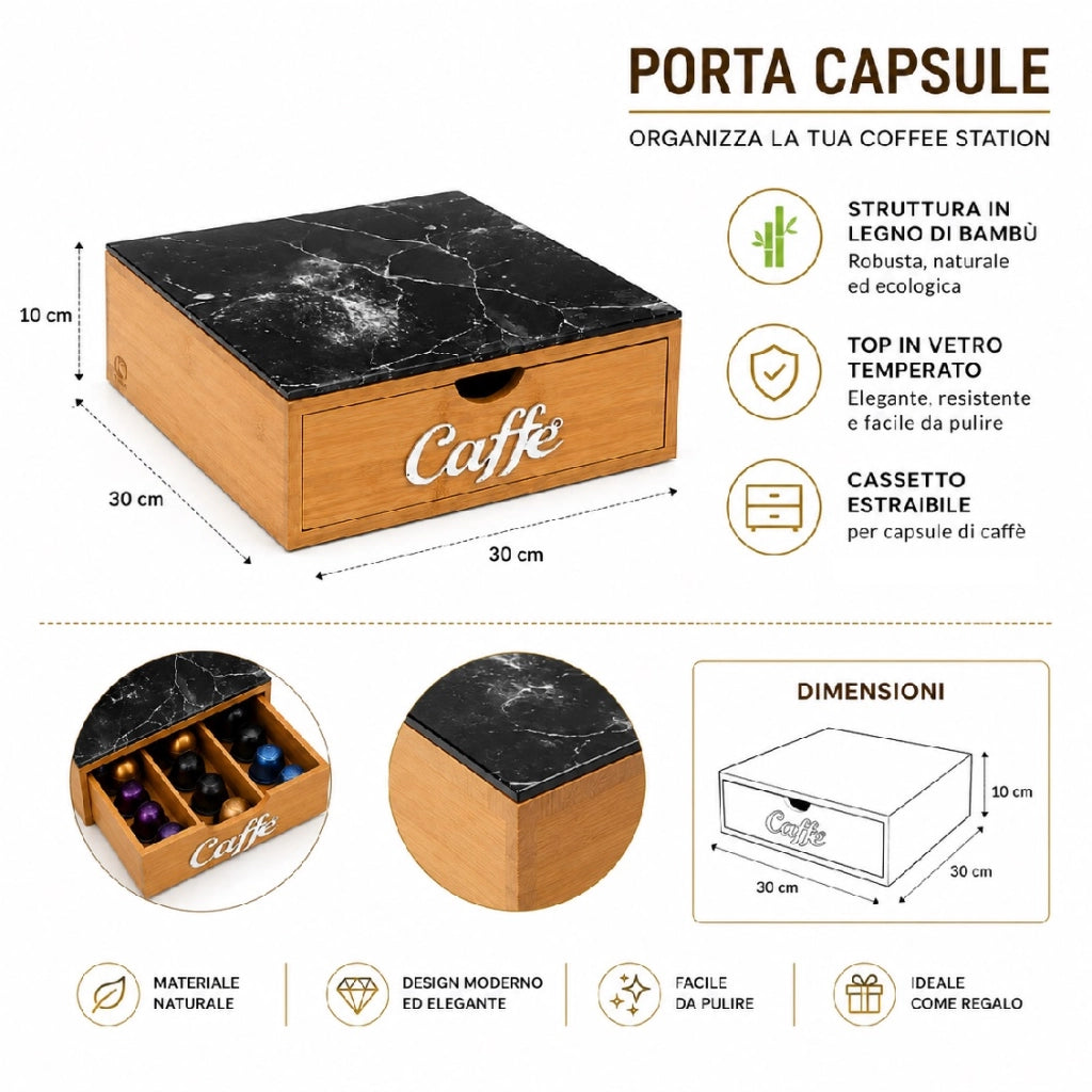 Porta Capsule e Cialde in Bambù con Cassetto e Piano in Vetro Temperato 30x30 cm