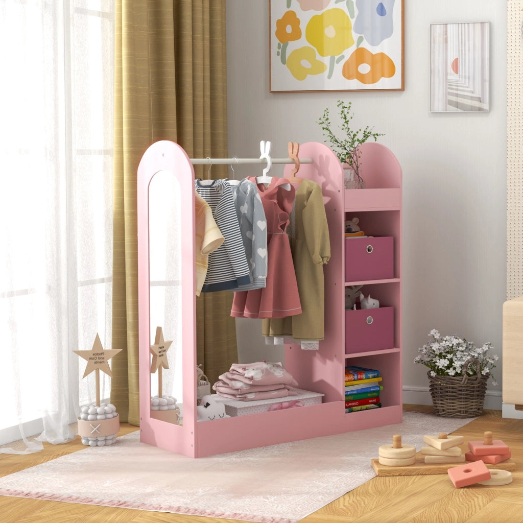 Armadio Bambini con Ante, Ripiani, Scatole e Specchio ¨C zephmum ¨C Legno, Rosa