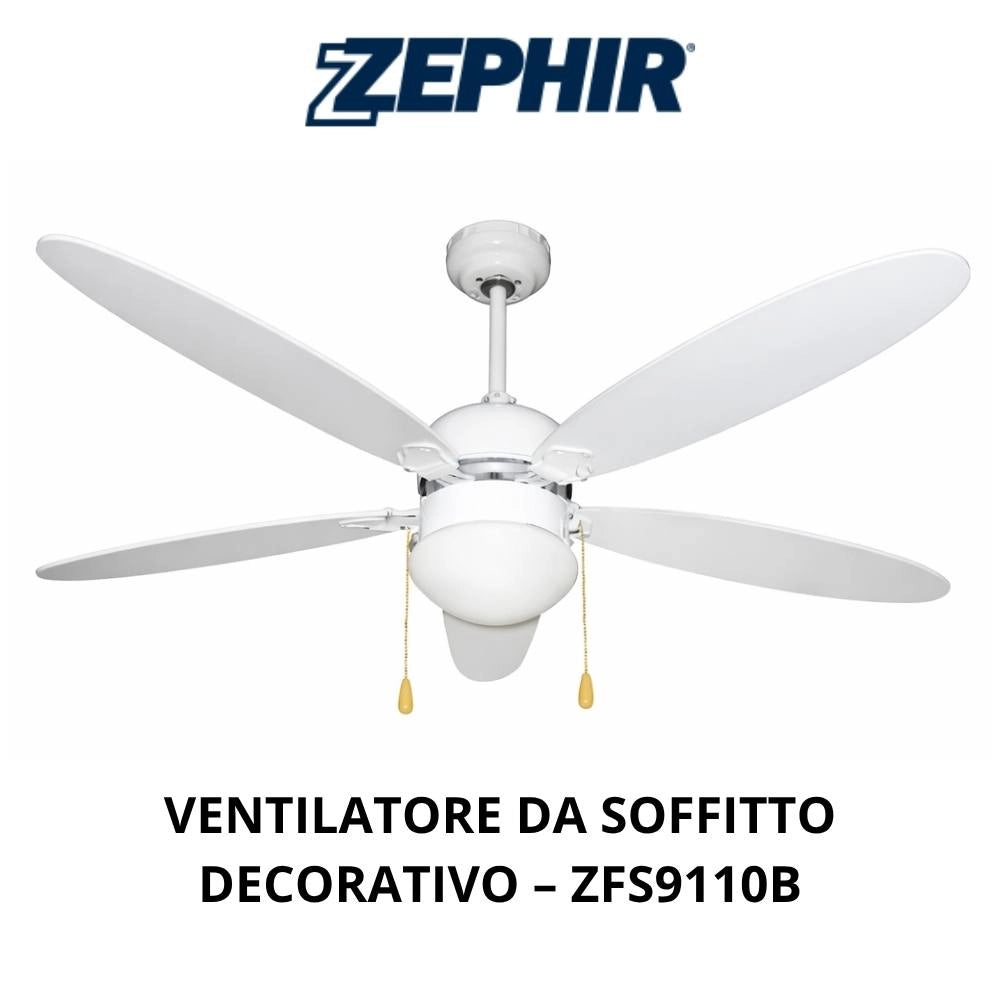 Ventilatore a soffitto di varie colorazioni con luce zephir 5 pale in legno, 3 velocità *** colore bianco, confezione 1