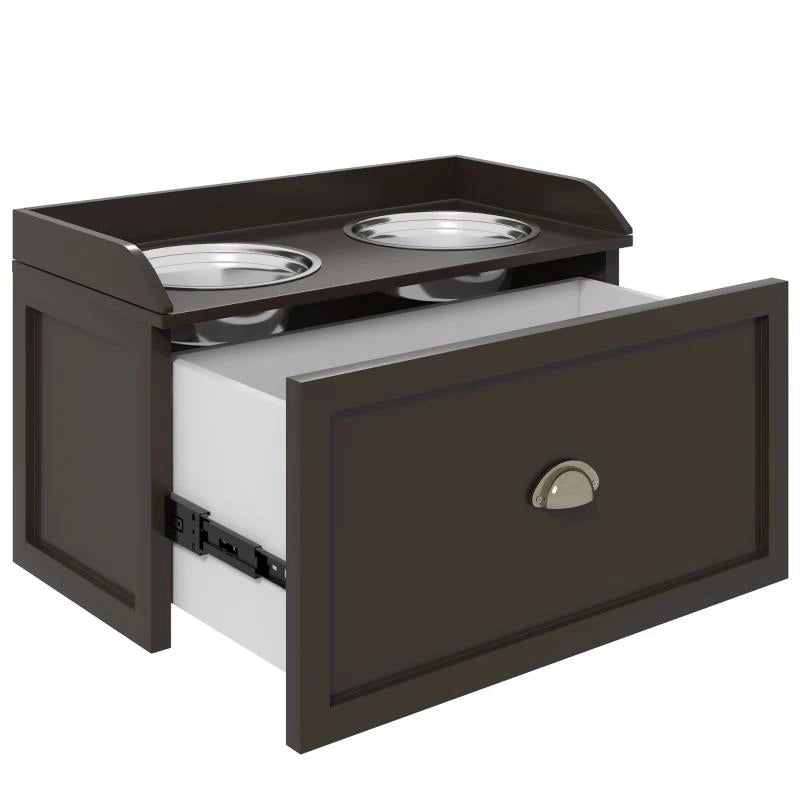 CIOTOLE PER CANI RIALZATE IN ACCIAIO INOX E LEGNO CON CASSETTO, 60X30X36CM, MARRONE