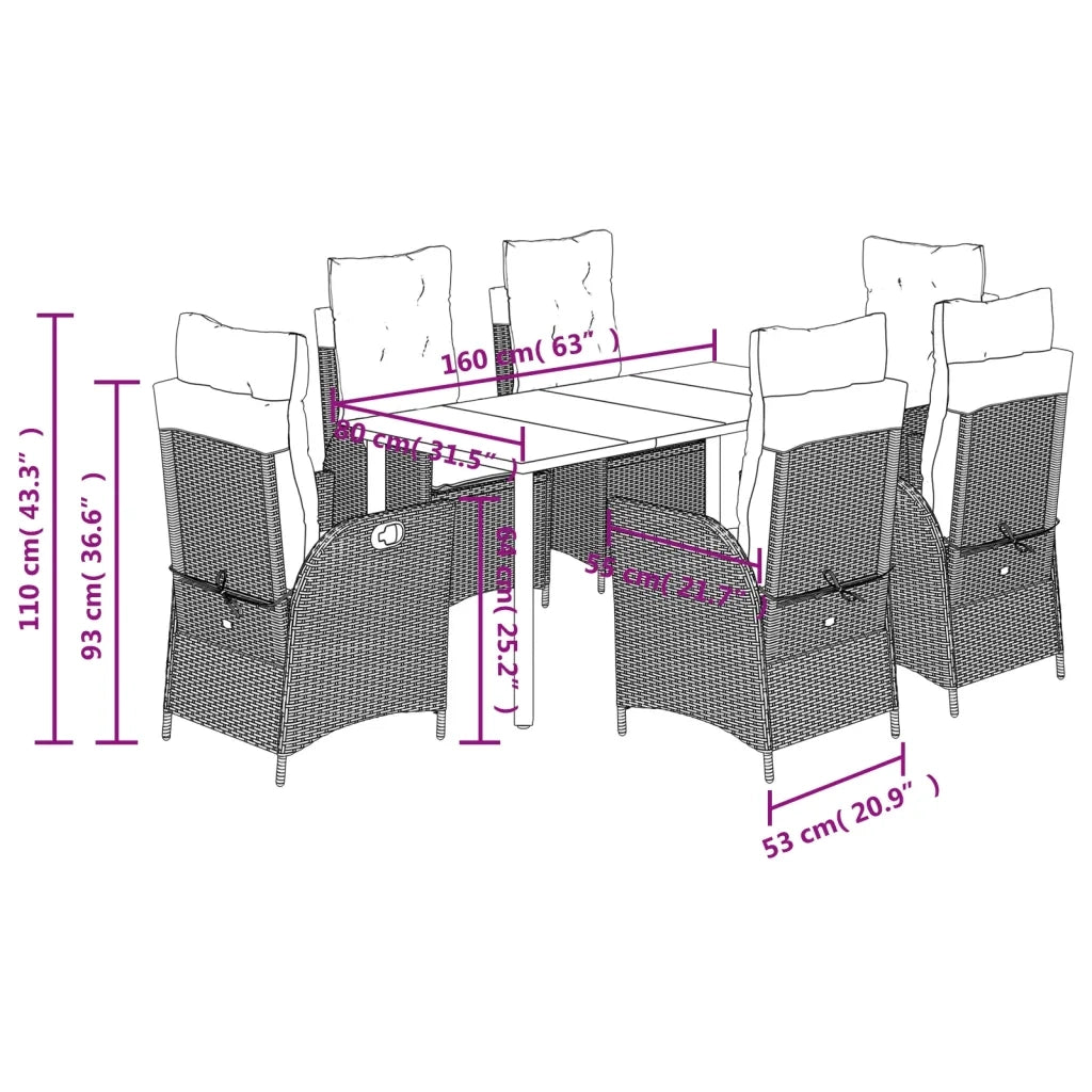 Set da Pranzo da Giardino 7 pz Nero con Cuscini in Polyrattan 3213189