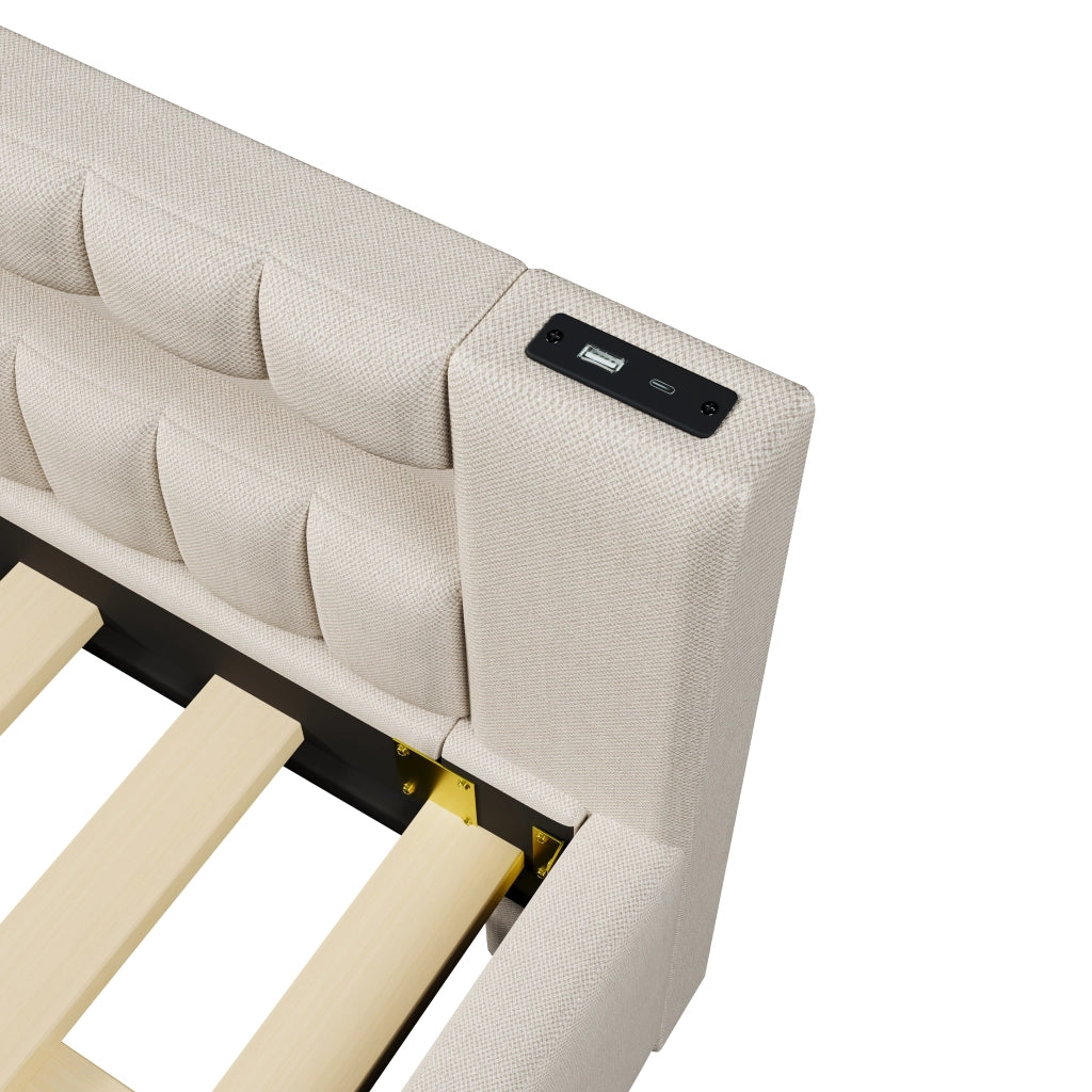 Letto a scomparsa con LED - Zephmum - 140x200cm - Beige - Luci integrate, USB, Type-C