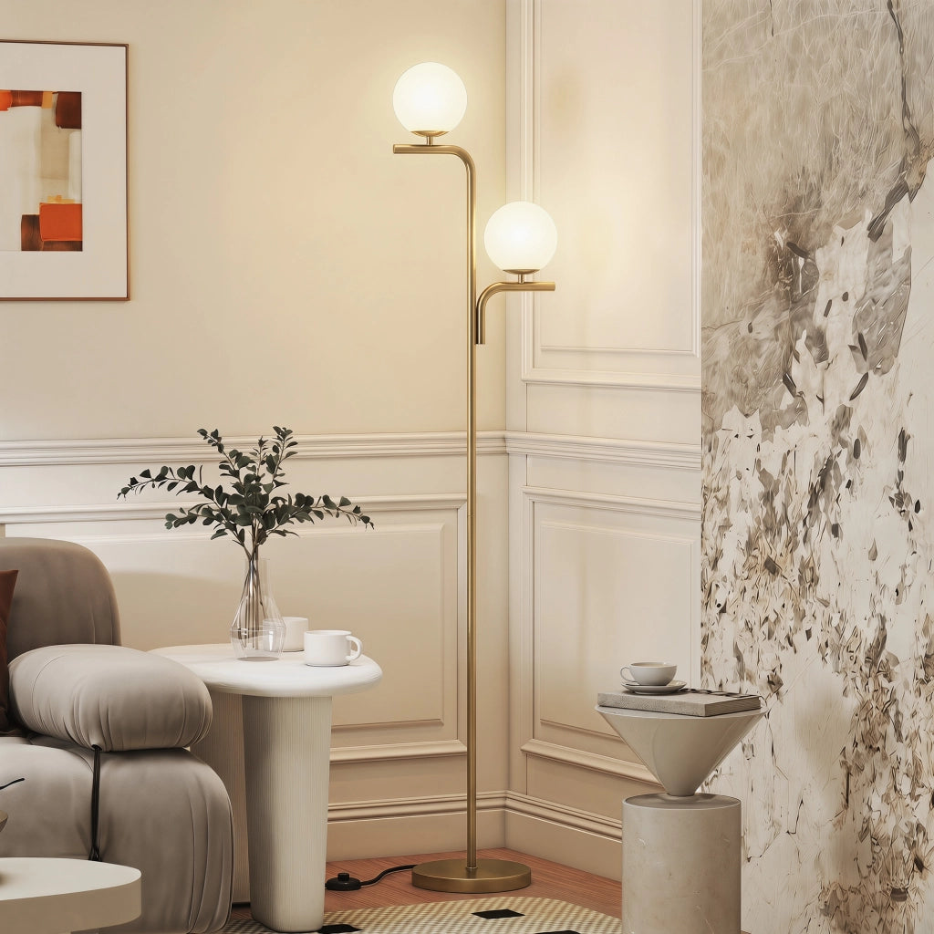 Lampada da Terra a Due Teste ¨C Xylo ¨C Vetro Dorato, 3 Temperature di Luce