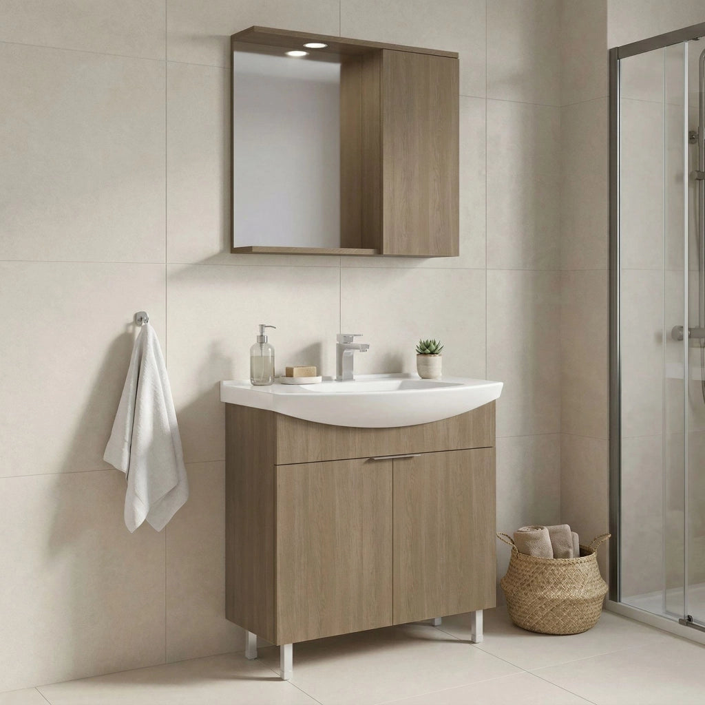 Set mobile lavabo con specchio (2 pezzi) "Purus 80" - 80 x 50 x 83 cm - Rovere