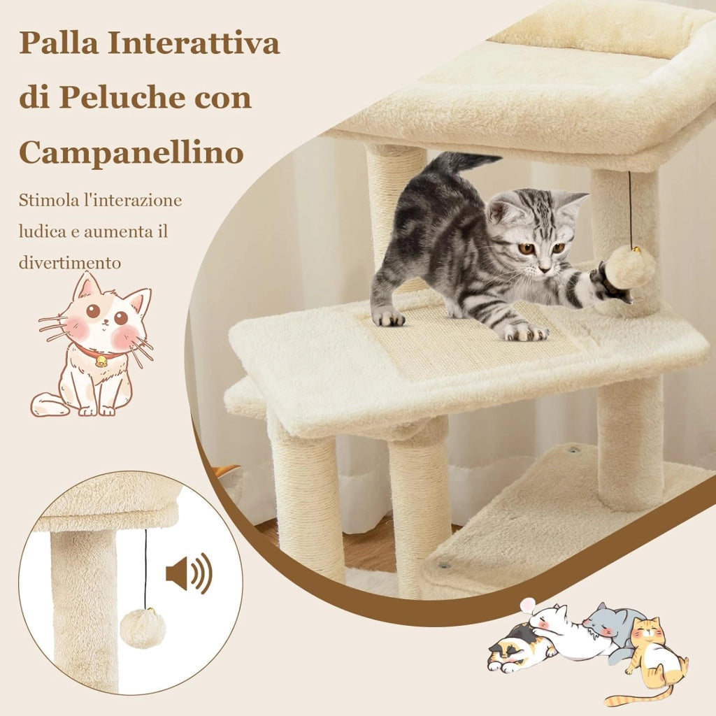 Albero per Gatti a 4 Piani, Torre con Tiragraffi, Nicchia per Gatti, Pallina di Peluche con Sonagli, Piattaforma per Saltare, Albero Tiragraffi per Animali Domestici (Beige)