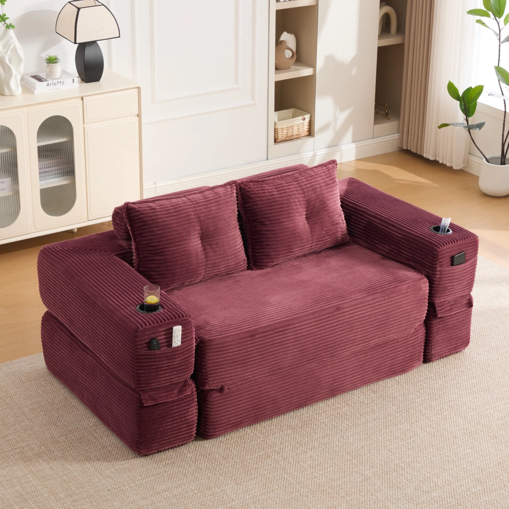 Divano Letto 2 Posti ¨C MINIMAL ¨C Tessuto a Coste, Cuscini Memory, con Tasche e Portabicchieri