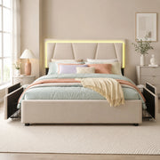 LETTO 140x200 cm Beige con testiera regolabile, LED e 4 cassetti