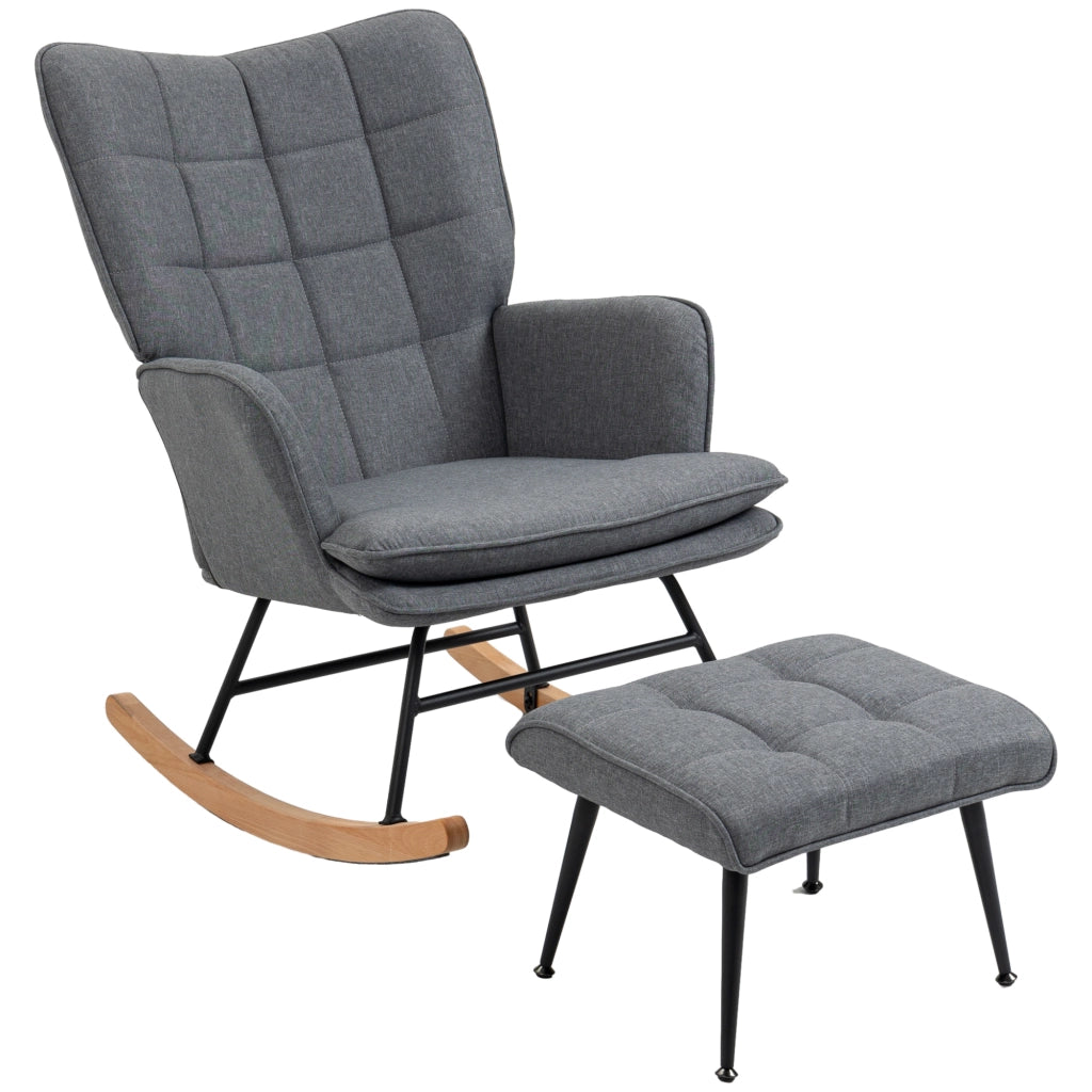 Sedia a Dondolo con Pouf con Cuscino e Braccioli in Tessuto Effetto Lino e Legno Grigio