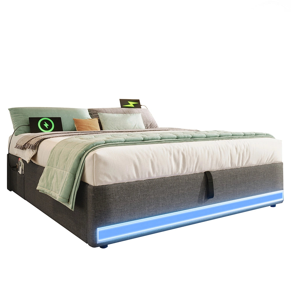 Letto contenitore - Xylo - 140x200 cm LED USB grigio