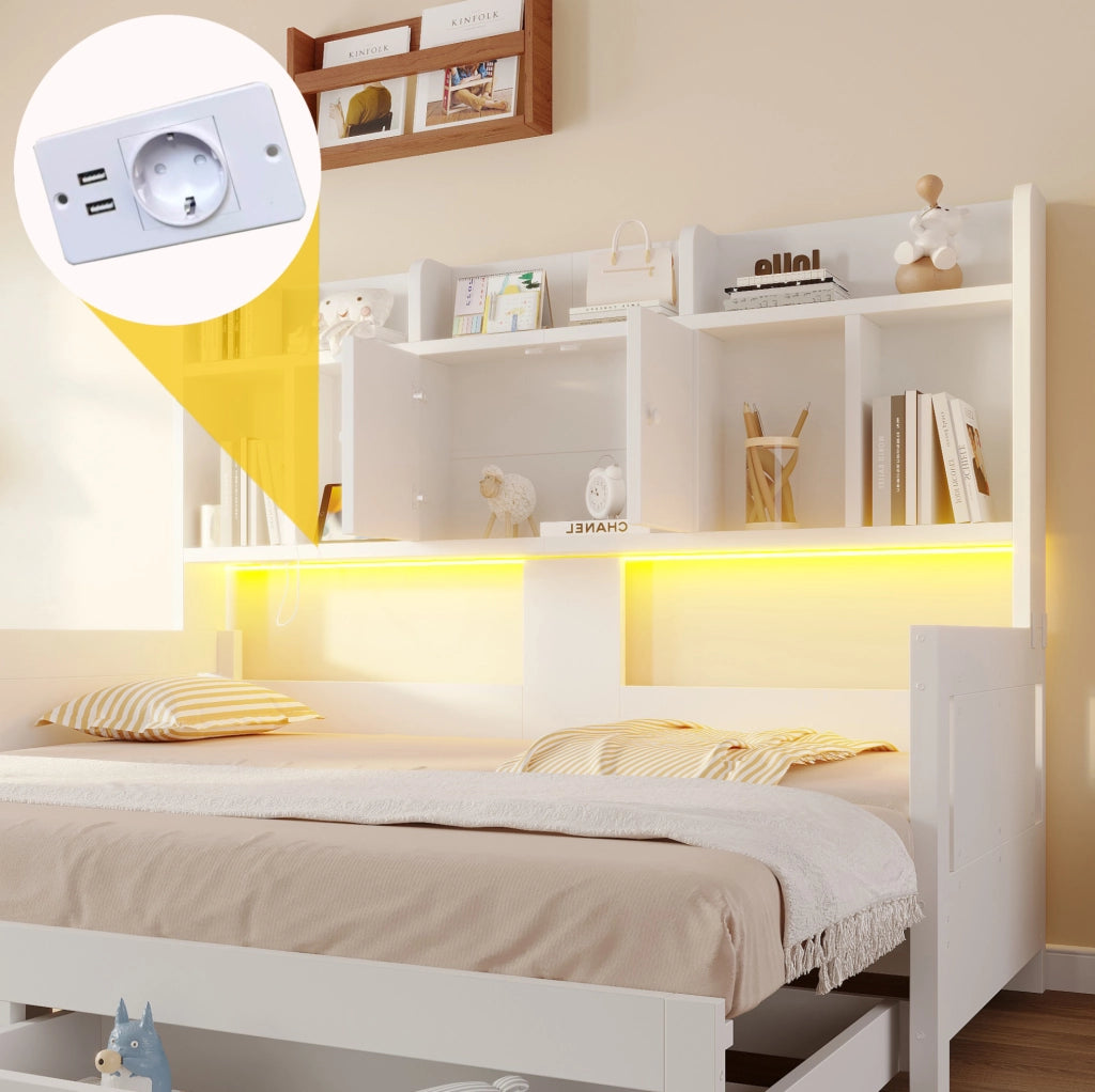 Divano letto estraibile 90x190 cm con 2 cassetti; prese e LED; bianco