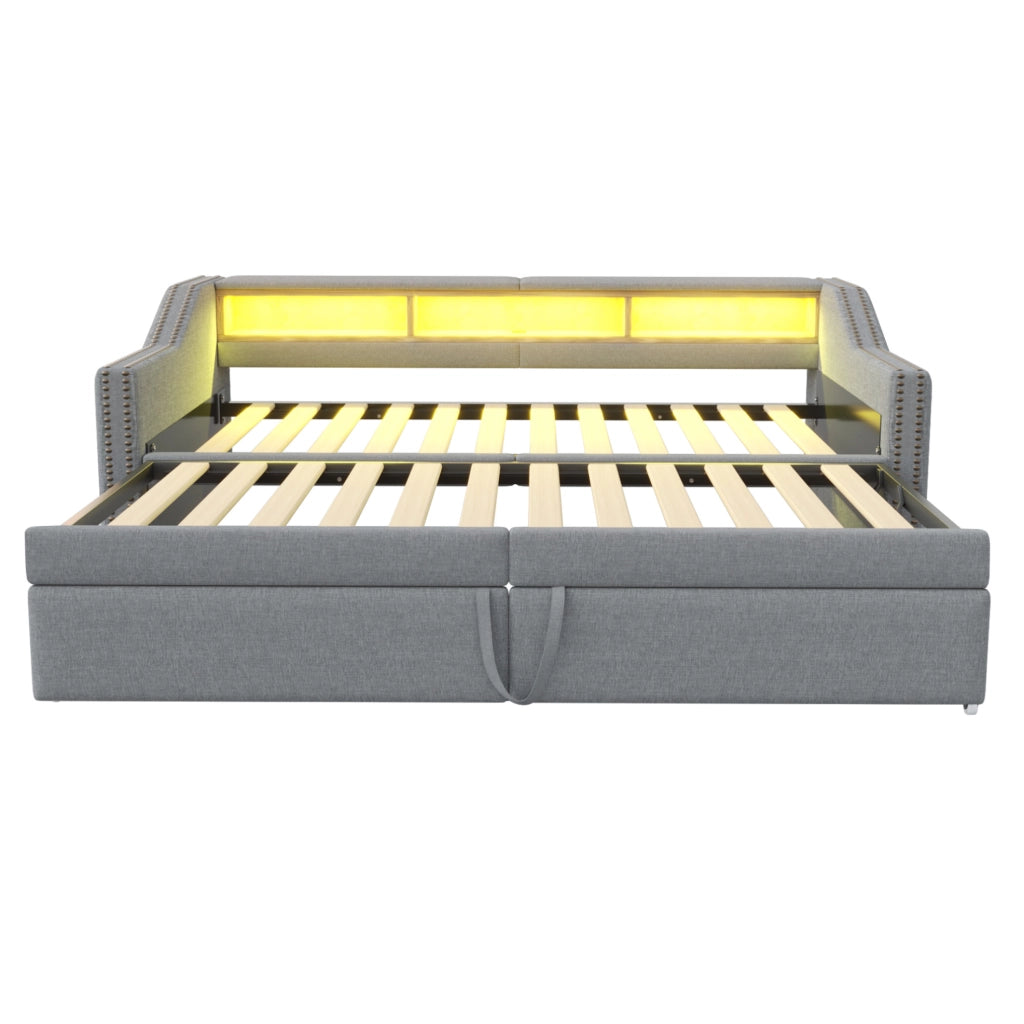 Divano letto 90x200 cm estraibile fino a 180x200 cm con vani portaoggetti; LED e USB grigio chiaro