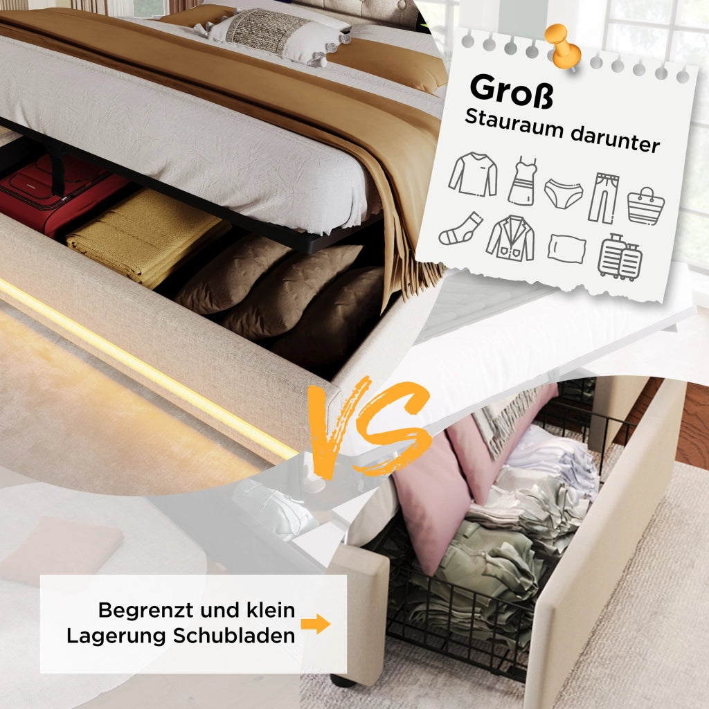 LETTO Contenitore 140x200 cm Cotone Beige con USB Type-C e LED