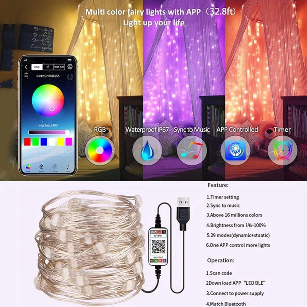 Trade Shop - Luci Led Albero Di Natale Usb Bluetooth App Interno Con Telecomando 20mt 200 Led -